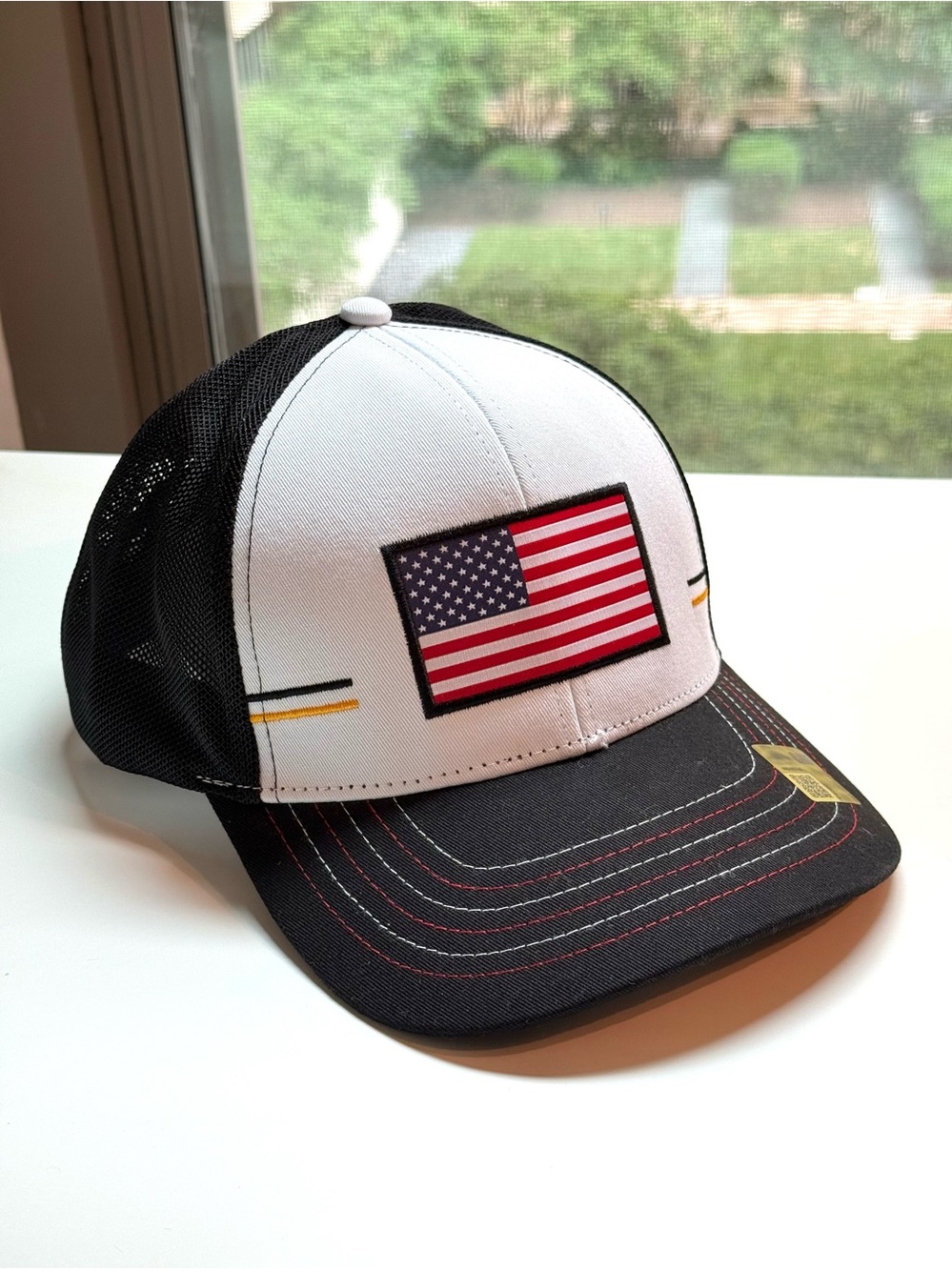 NWT Caterpillar CAT American Flag Mesh Trucker Hat Black & White Americana Cap